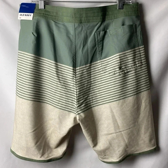 NWT OLD NAVY MENS SIZE 36 SWIM TRUNKS 9” INSEAM OLIVE GREEN TAN STRIPES - Picture 13 of 14